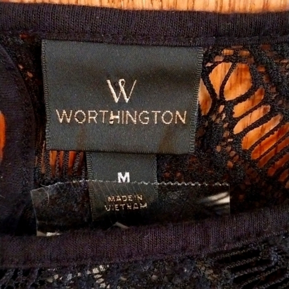Worthington Women's Vintage Black Lace Sheer Short Sleeve Top Size Medium Nylon - Picture 2 of 8